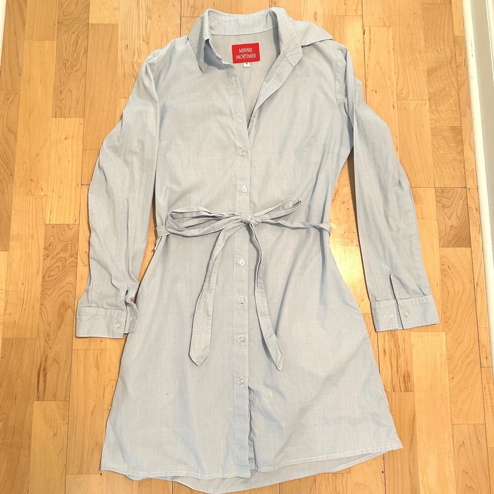Minnie Mortimer Blue Day Dress Waist Tie Polished Preppy Style S